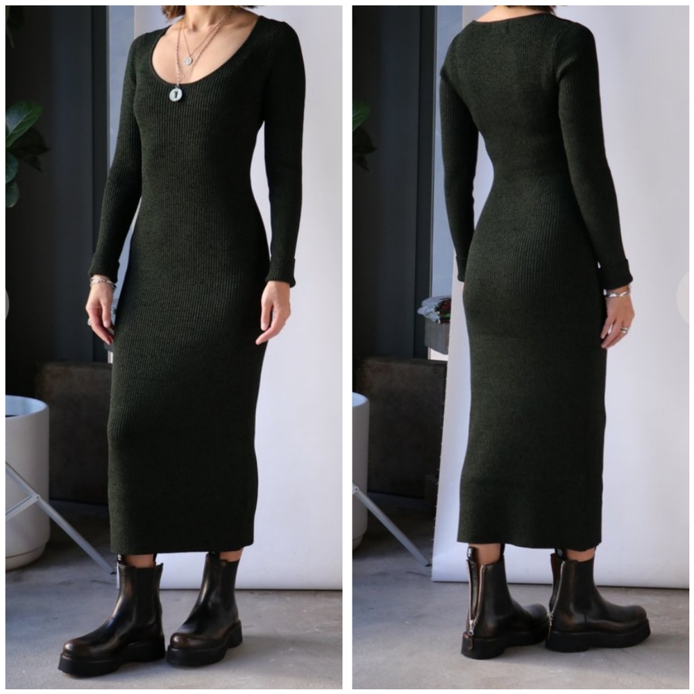 Ganni Melange Knit Dress Ribbed Scoop Neck Long Sleeve Dark Green Size M